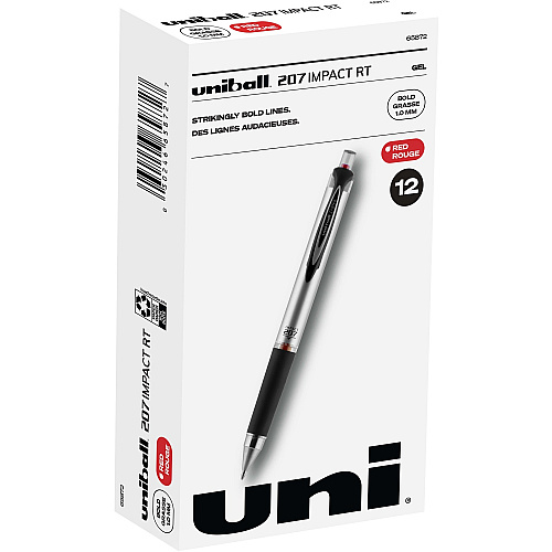 uni-ball uniball&trade; 207 Impact RT Gel Pens 1 mm Bold Pen Point - Refillable - Retractable - Red Ink - Gel-based - Metallic Barrel - 1 Dozen (65872DZ)