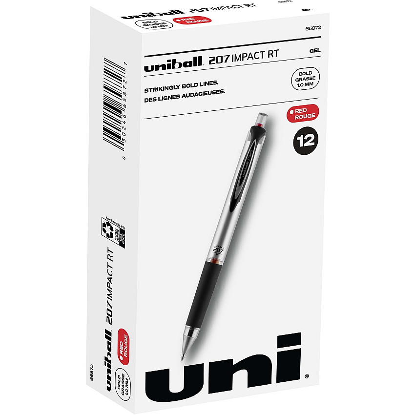 uni-ball uniball&trade; 207 Impact RT Gel Pens 1 mm Bold Pen Point - Refillable - Retractable - Red Ink - Gel-based - Metallic Barrel - 1 Dozen (65872DZ)