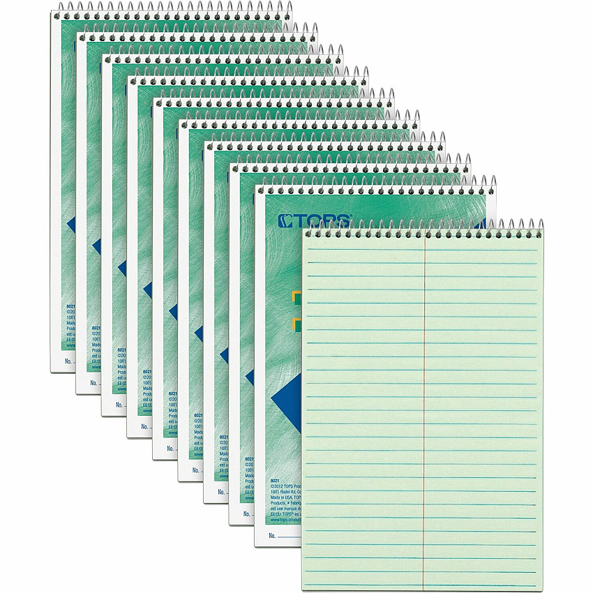 TOPS Steno Books 80 Sheets - Wire Bound - Gregg Ruled Margin - 6" x 9" Sheet Size - Green Tint Paper - Snag Resistant, Acid-free, Heavyweight - 1 Dozen (8021DZ)