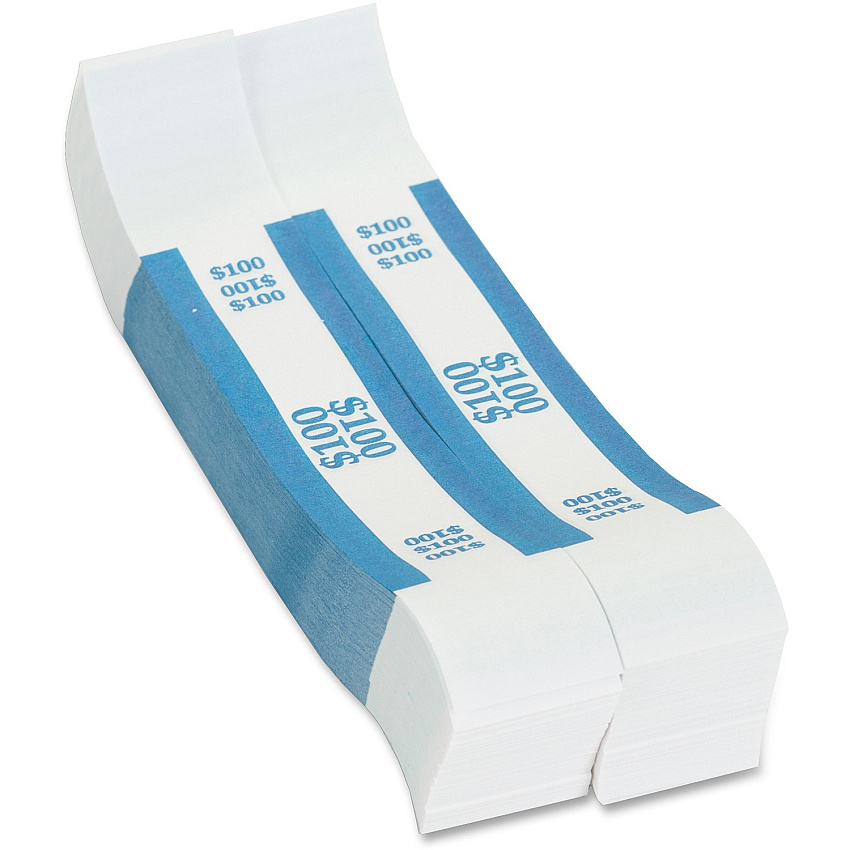 PAP-R Currency Straps 1.25" Width - Total $100 in $1 Denomination - Self-sealing, Self-adhesive, Durable - 20 lb Basis Weight - Kraft - White, Blue - 1000 / Pack (400100)