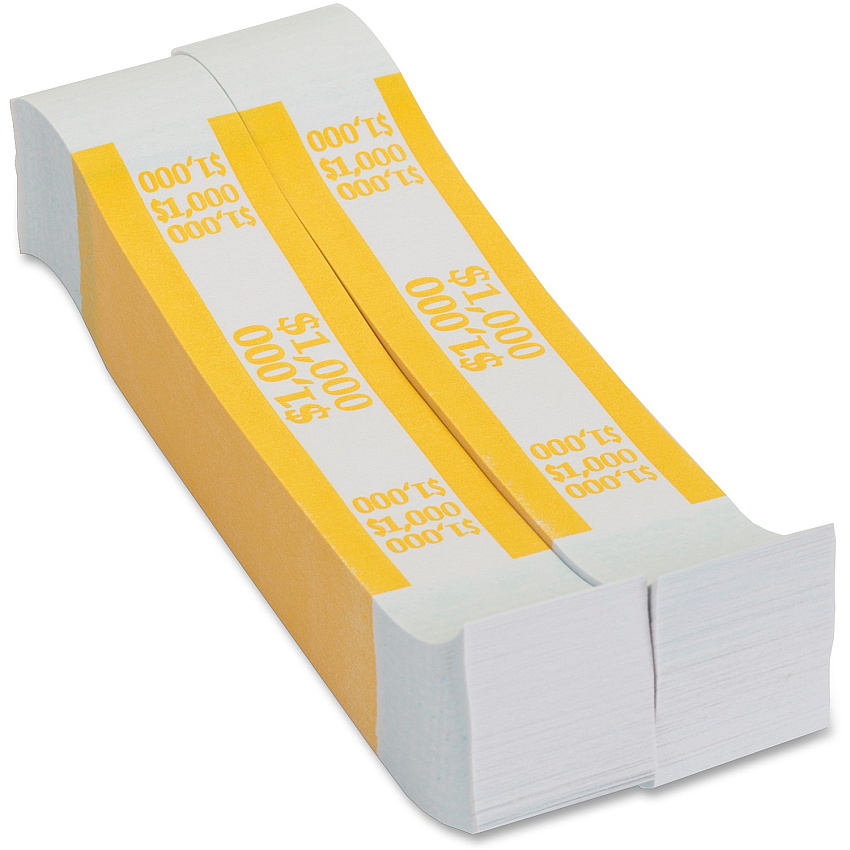 PAP-R Currency Straps 1.25" Width - Total $1,000 in $10 Denomination - Self-sealing, Self-adhesive, Durable - 20 lb Basis Weight - Kraft - White, Yellow - 1000 / Pack (401000)