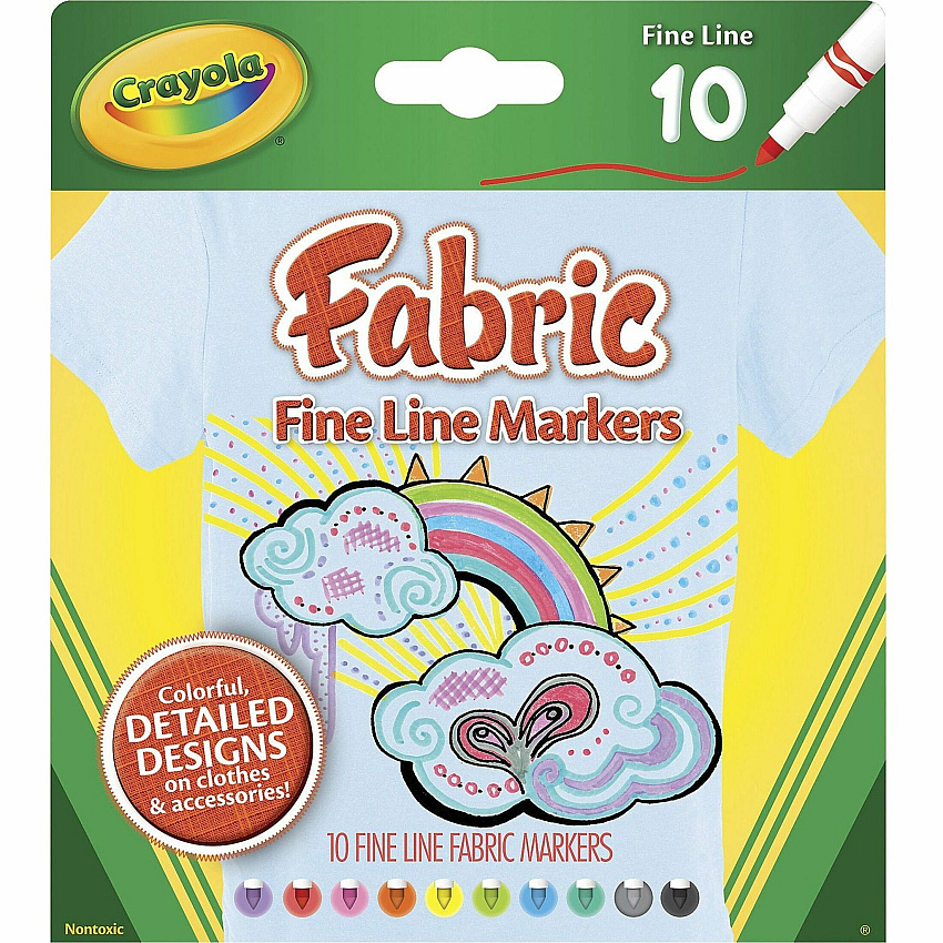 Crayola Bright Fabric Markers Fine Marker Point - Washable - Black, Blue, Brown, White, Gray, Lime, Pink, Red, Teal, Yellow Ink - 10 / Set (588626)
