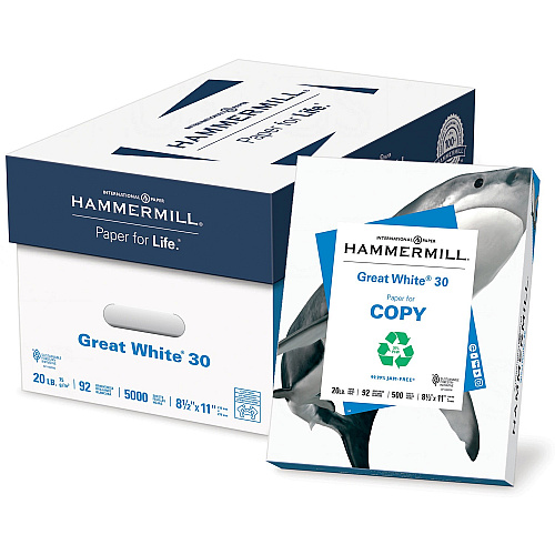 Hammermill Great White Recycled Copy Paper - White 92 Brightness - Letter - 8 1/2" x 11" - 20 lb Basis Weight - Acid-free, Archival-safe, Jam-free - White - 500 Sheets per Ream - 400 / Pallet (86700PL)