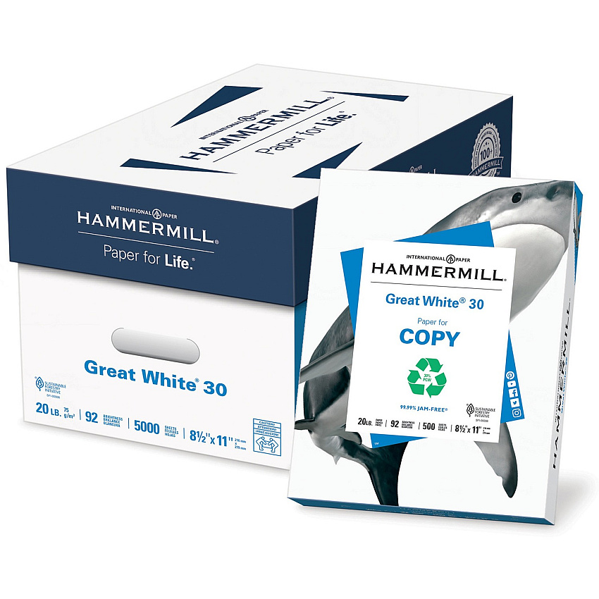 Hammermill Great White Recycled Copy Paper - White 92 Brightness - Letter - 8 1/2" x 11" - 20 lb Basis Weight - Acid-free, Archival-safe, Jam-free - White - 500 Sheets per Ream - 400 / Pallet (86700PL)