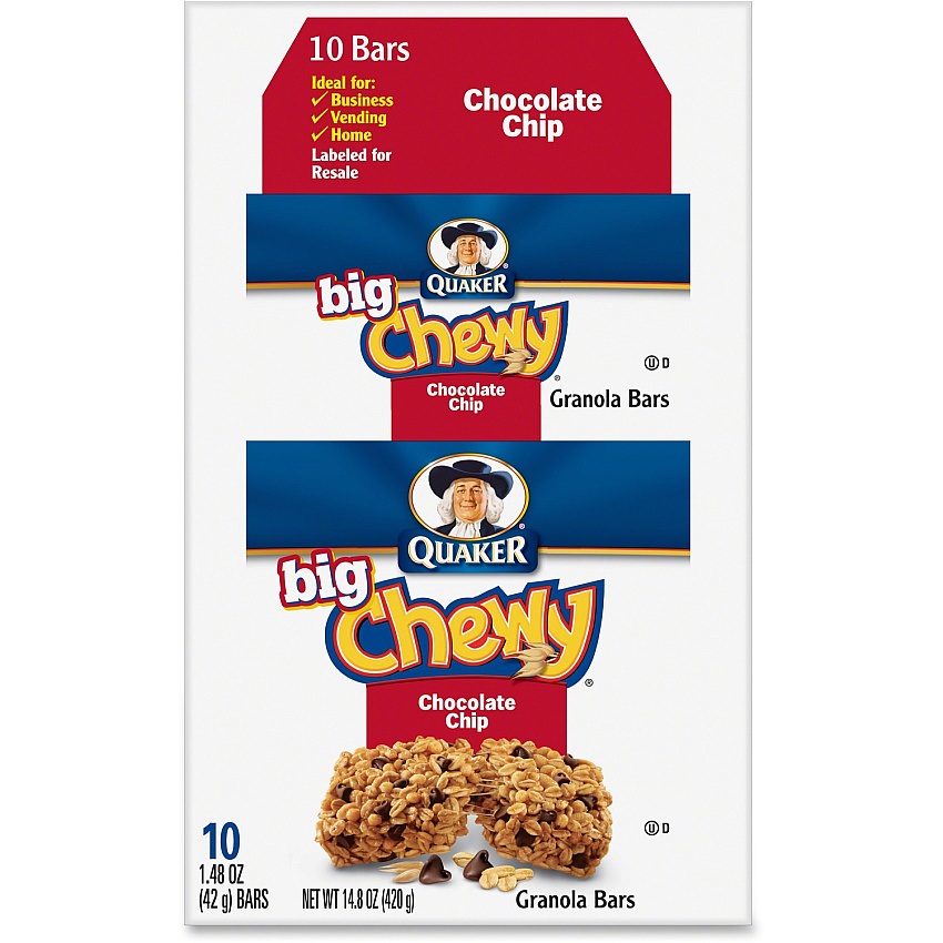 Quaker Oats Chocolate Chip Big Chewy Granola Bar Individually Wrapped - Chocolate Chip - 1.48 oz Box - 10 / Box (31565)