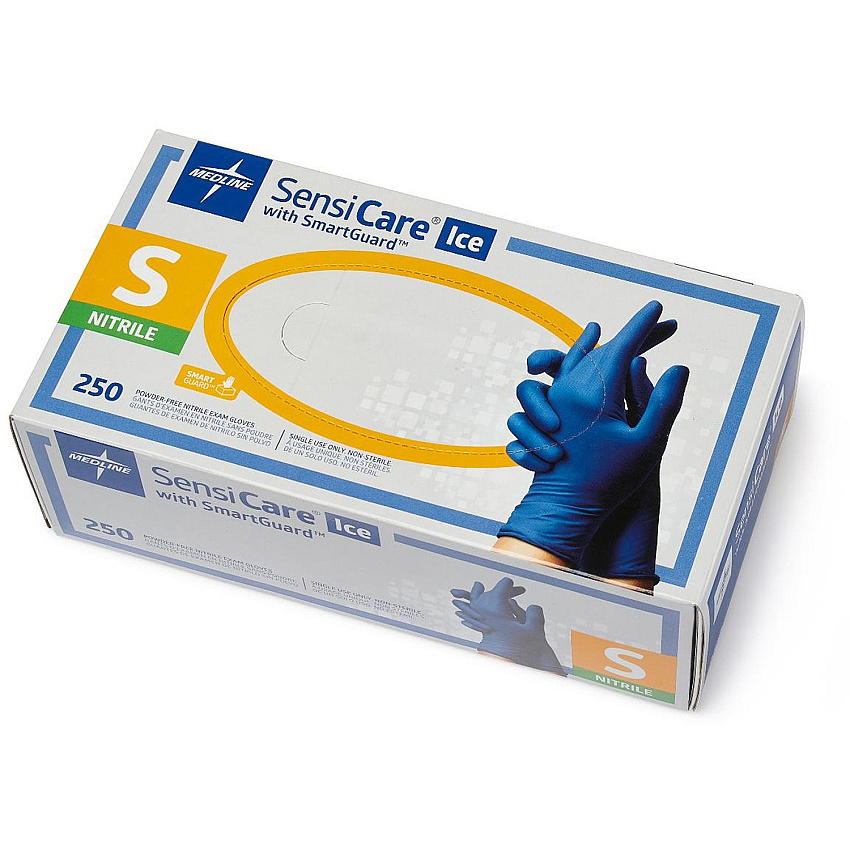 Medline SensiCare Ice Blue Nitrile Exam Gloves 9.50" Glove Length - Small Size - Dark Blue - Comfortable, Chemical Resistant, Latex-free, Textured Fingertip, Non-sterile, Durable - For Medical - 250 / Box (MDS6801)