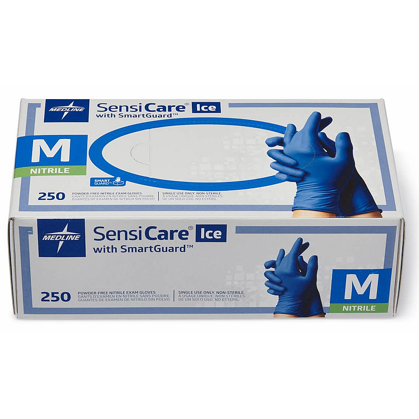Medline SensiCare Ice Blue Nitrile Exam Gloves 9.50" Glove Length - Medium Size - Dark Blue - Comfortable, Chemical Resistant, Latex-free, Textured Fingertip, Non-sterile, Durable - For Medical - 250 / Box (MDS6802)