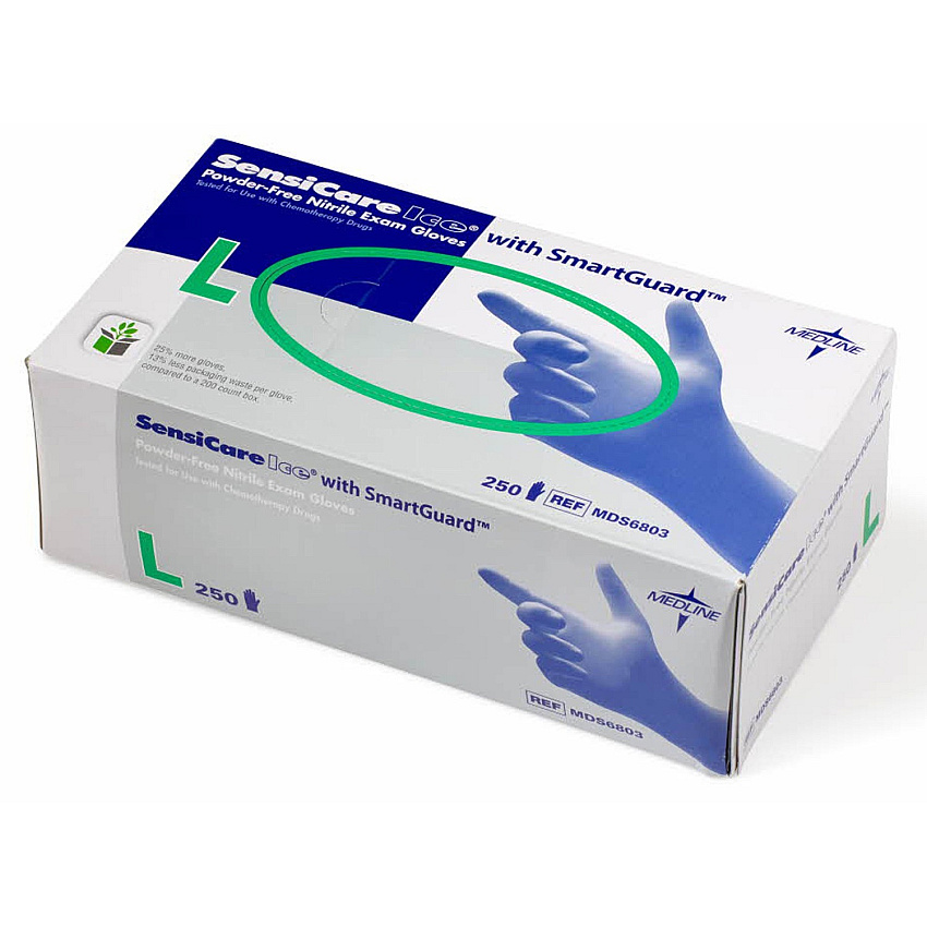 Medline SensiCare Ice Blue Nitrile Exam Gloves 9.50" Glove Length - Large Size - Dark Blue - Comfortable, Chemical Resistant, Latex-free, Textured Fingertip, Non-sterile, Durable - For Medical - 250 / Box (MDS6803)