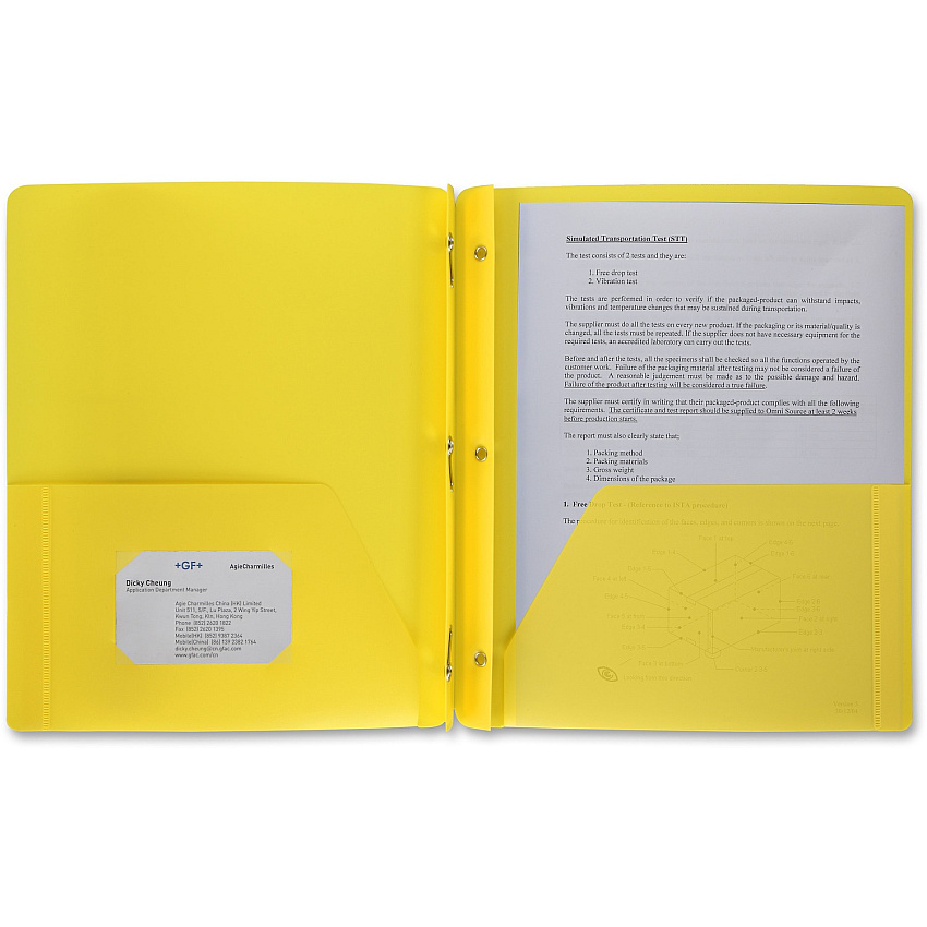 Business Source Letter Portfolio 8 1/2" x 11" - 50 Sheets Capacity - 3 x Prong Fastener(s) - 2 Pocket(s) - Yellow - Durable, Spill Resistant, Wear Resistant, Card Holder - 1 Each (BSN20884)