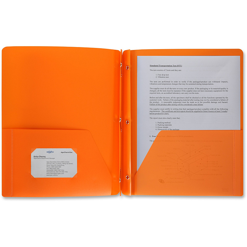 Business Source Letter Portfolio 8 1/2" x 11" - 50 Sheets Capacity - 3 x Prong Fastener(s) - 2 Pocket(s) - Orange - Durable, Spill Resistant, Wear Resistant, Card Holder - 1 Each (BSN20889)