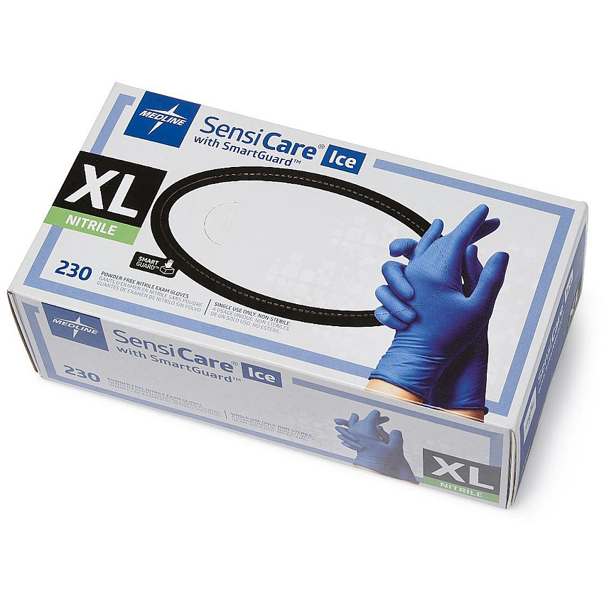 Medline SensiCare Ice Blue Nitrile Exam Gloves 9.50" Glove Length - X-Large Size - Blue - Comfortable, Durable, Latex-free, Non-sterile, Textured Fingertip, Chemical Resistant - For Medical - 230 / Box (MDS6804)