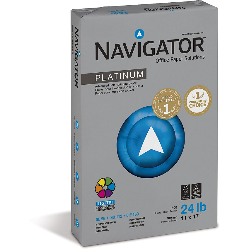 Navigator Platinum Superior Productivity Multipurpose Paper - Silky Touch - Bright White 99 Brightness - 96% Opacity - 11" x 17" - 24 lb Basis Weight - Extra Smooth - Jam-free - Bright White - 500 Sheets per Ream - 5 / Carton (NPL1724)