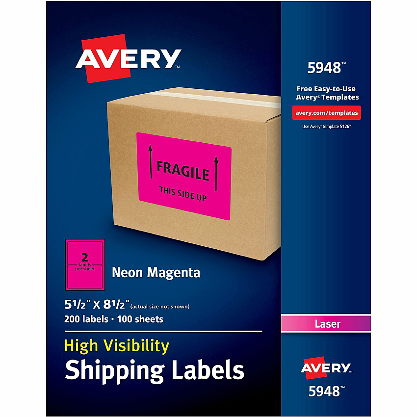 Avery&reg; Neon Shipping Labels, 5-1/2" x 8-1/2" , 200 Labels x 5 1/2" Width x 8 1/2" Length - Half Sheet - Permanent Adhesive - Rectangle - Laser - Neon Magenta - Paper - Permanent Adhesive, Stick & Stay, Smudge Resistant - 2 / Sheet - 100 Total S (5948)