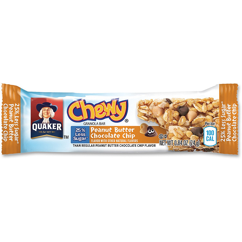 Quaker Oats Peanut Butter Choco Chip Granola Bars Individually Wrapped - Peanut Butter, Chocolate Chip - 6.70 oz - 8/Box - 12 / Carton (31184)