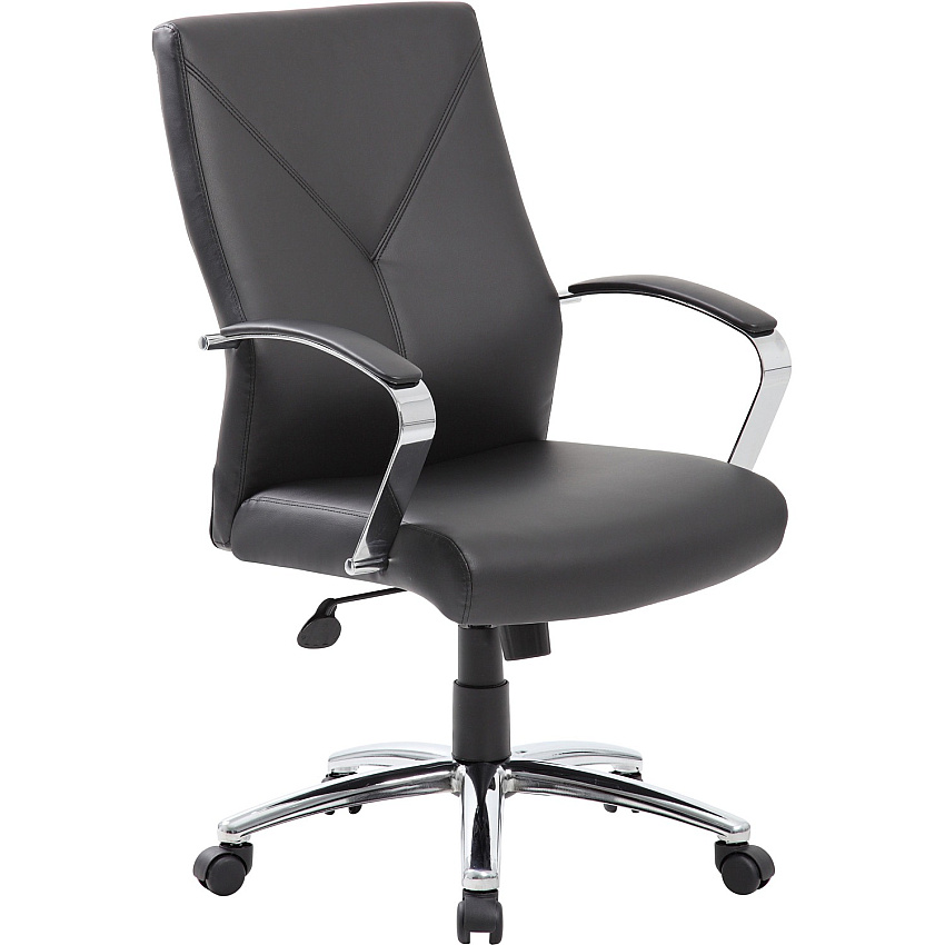 Boss Leatherplus Executive Chair with Chrome Accent Black Seat Color - LeatherPlus Seat Material - Chrome, Black Frame Color - Chrome Frame Material - 5-star Base - Black - 1 Each (B10101BK)