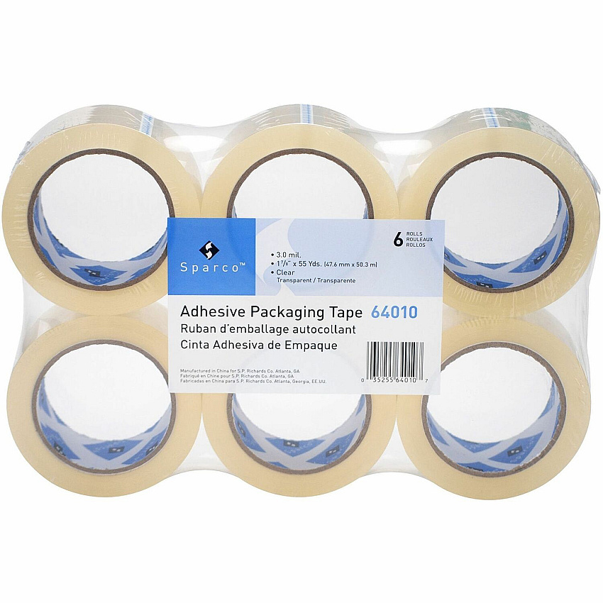 Sparco Premium Heavy-duty Packaging Tape Roll 55 yd Length x 1.88" Width x 3 mil Thickness - 3" Core - Clear - Acrylic Backing - Tear Resistant, Split Resistant, Breakage Resistance - 6/Pack - 6 / Carton (64010CT)