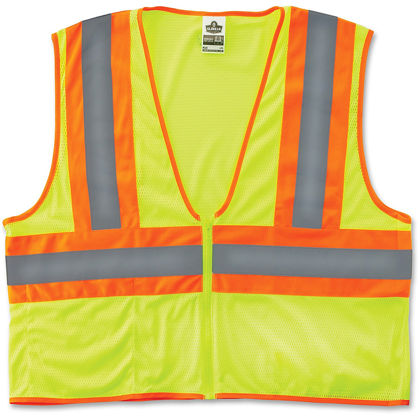 GloWear Class 2 Two-tone Lime Vest Large/Extra Large - Lime - Reflective, Machine Washable, Lightweight, Pocket, Zipper Closure - 1 Each (21295)