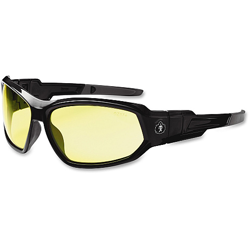 Ergodyne Loki Yellow Lens Safety Glasses Ultraviolet Protection - Black - Durable, Flexible, Scratch Resistant, Anti-fog, Non-slip, Perspiration Resistant, Comfortable, Elastic Strap - 1 Each (56050)