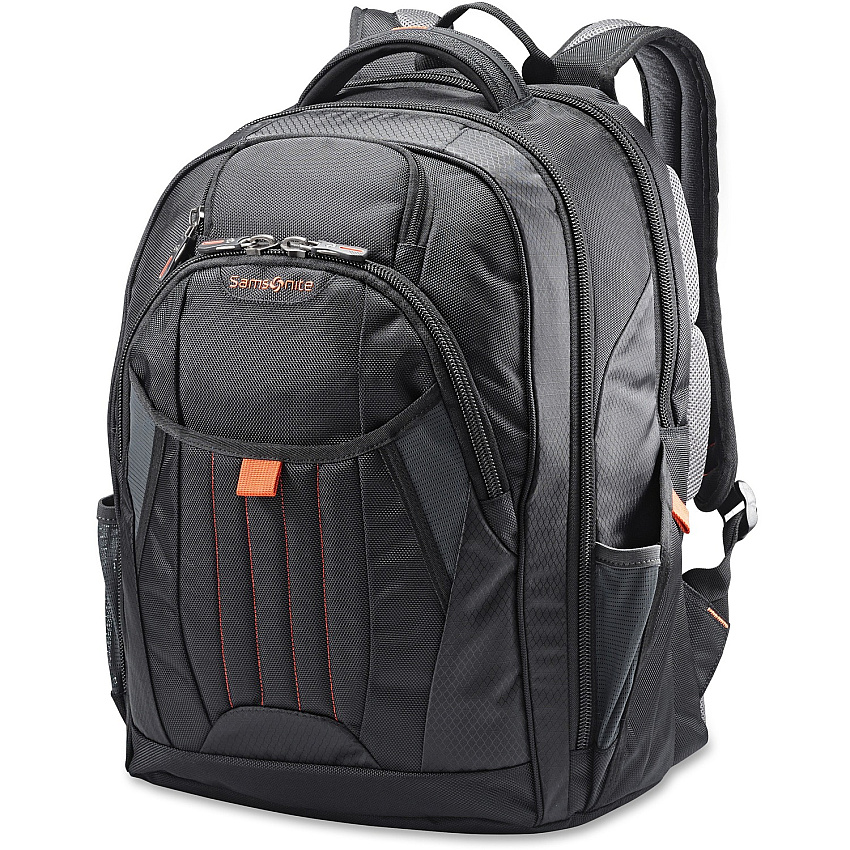 Samsonite Tectonic 2 Carrying Case (Backpack) for 17" iPad Notebook - Black, Orange Shock Resistant Interior, Slip Resistant Shoulder Strap - Poly Ballistic Body - Tricot Interior Material - Shoulder Strap, Handle - 18" Height x 13.3" Width x  (663031070)
