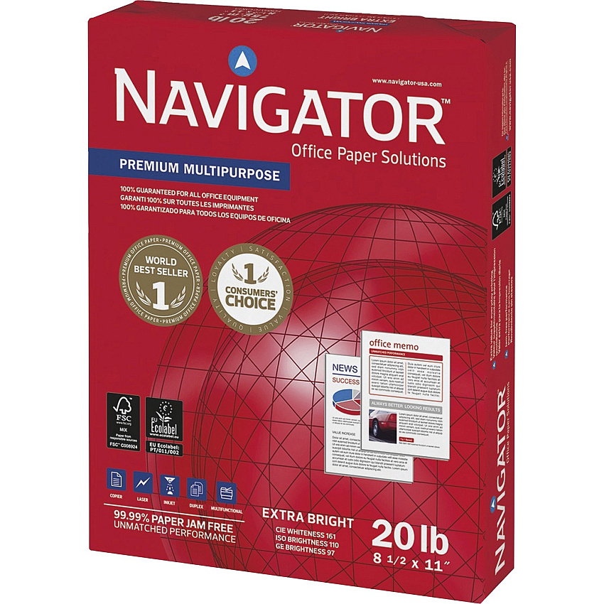 Navigator Premium Multipurpose Trusted Performance Paper - Extra Opacity - White 97 Brightness - Letter - 8 1/2" x 11" - 20 lb Basis Weight - White - 500 Sheets per Ream - 400 / Pallet (NMP1120PL)