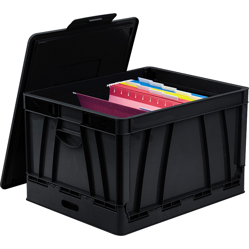 Storex Collapsible Storage Crate External Dimensions: 14.3" Width x 17.3" Depth x 10.5" Height - 45 lb - 9.25 gal - Media Size Supported: Letter, Legal - Lid Lock Closure - Heavy Duty - Stackable - Plastic - Black - For File Folder, Letter, Do (61809U04C)