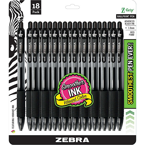 Zebra Z-Grip Retractable Ballpoint Pens 1 mm Medium Pen Point - Retractable - Black Ink - 18 / Pack (22218)