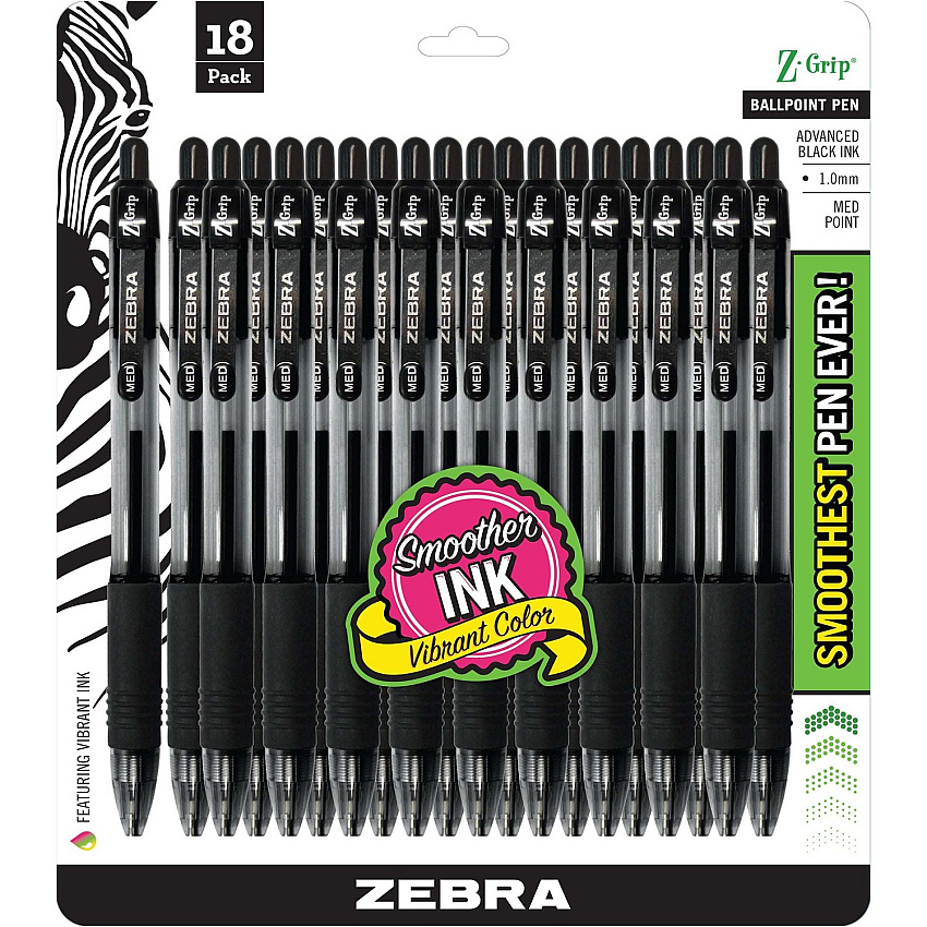 Zebra Z-Grip Retractable Ballpoint Pens 1 mm Medium Pen Point - Retractable - Black Ink - 18 / Pack (22218)