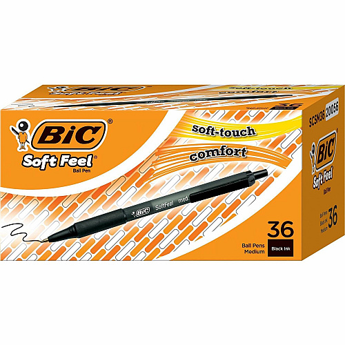 BIC SoftFeel Retractable Ball Pens 1 mm Medium Pen Point - Retractable - Black Ink - Black Barrel - 36 / Box (SCSM361BK)