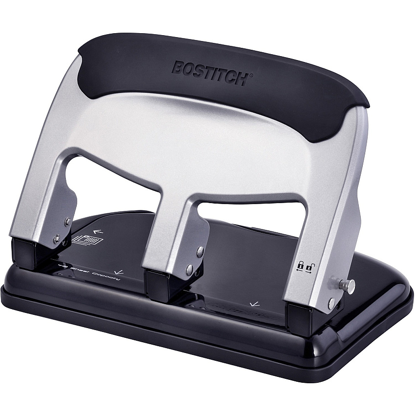 Bostitch EZ Squeeze 40-sheet 3-Hole Punch 3 Punch Head(s) - 40 Sheet of 20lb Paper - 9/32" Punch Size - 7.4" Width x 3.1" Height - Black, Silver (HP40)
