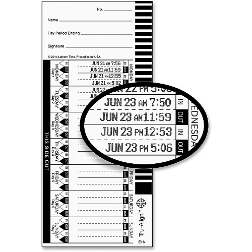 Lathem E16 Tru-Align Time Cards 150 lb - 4" x 9" Sheet Size - White Sheet(s) - 100 / Pack (E16100)