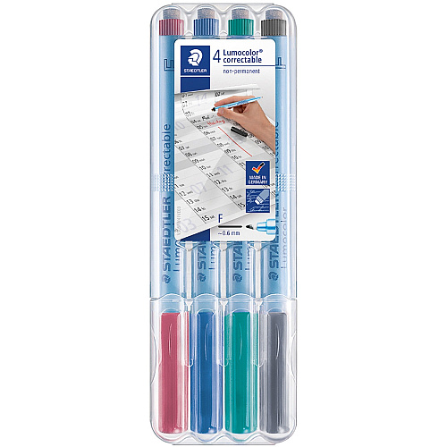 Lumocolor Correctable Marker Pens 0.6 mm Fine Marker Point - Refillable - Assorted Ink - Polypropylene Barrel - 4 / Set (305FWP41)