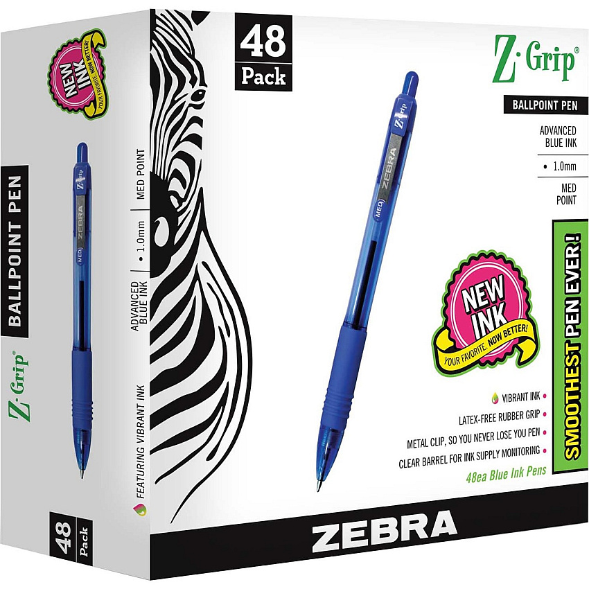 Zebra Z-Grip Retractable Ballpoint Pens 1 mm Medium Pen Point - Retractable - Blue Ink - Clear Plastic Barrel - 48 / Pack (22248)
