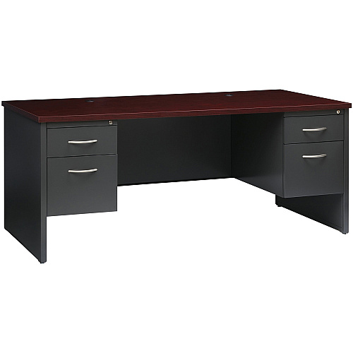 Lorell Fortress Modular Series Double-Pedestal Desk 72" Width x 36" Depth, x 1.1" Thickness Top - 2 x Box, File Drawer(s) - Double Pedestal - Material: Steel - Finish: Mahogany Laminate, Charcoal - Scratch Resistant, Stain Resistant, Ball-beari (LLR79140)