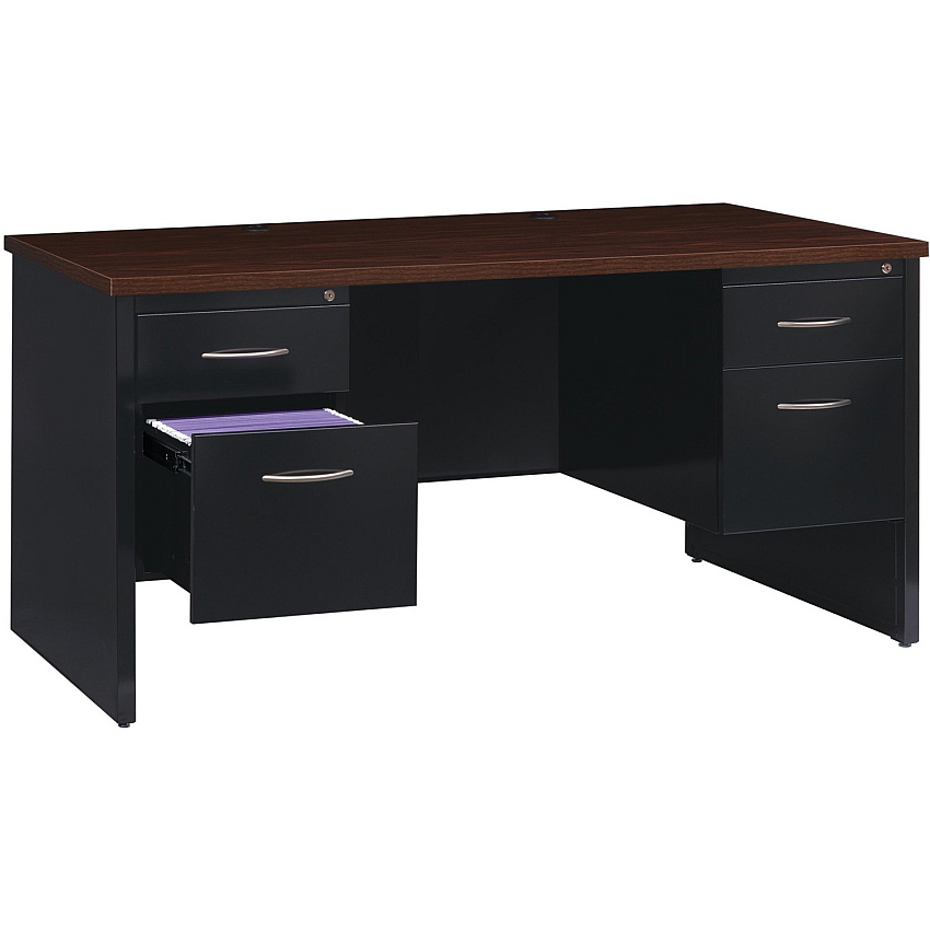 Lorell Fortress Modular Series Double-Pedestal Desk 60" Width x 30" Depth, x 1.1" Thickness Top - 4 x Box, File Drawer(s) - Double Pedestal - Material: Steel - Finish: Walnut Laminate, Black - Scratch Resistant, Stain Resistant, Ball-bearing Su (LLR79141)