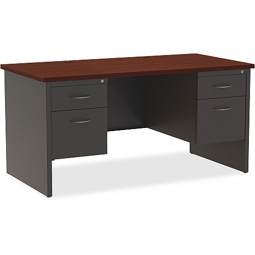 Lorell Fortress Modular Series Double-Pedestal Desk 60" Width x 30" Depth, x 1.1" Thickness Top - 2 x Box, File Drawer(s) - Double Pedestal - Material: Steel - Finish: Mahogany Laminate, Charcoal - Scratch Resistant, Stain Resistant, Ball-beari (LLR79142)