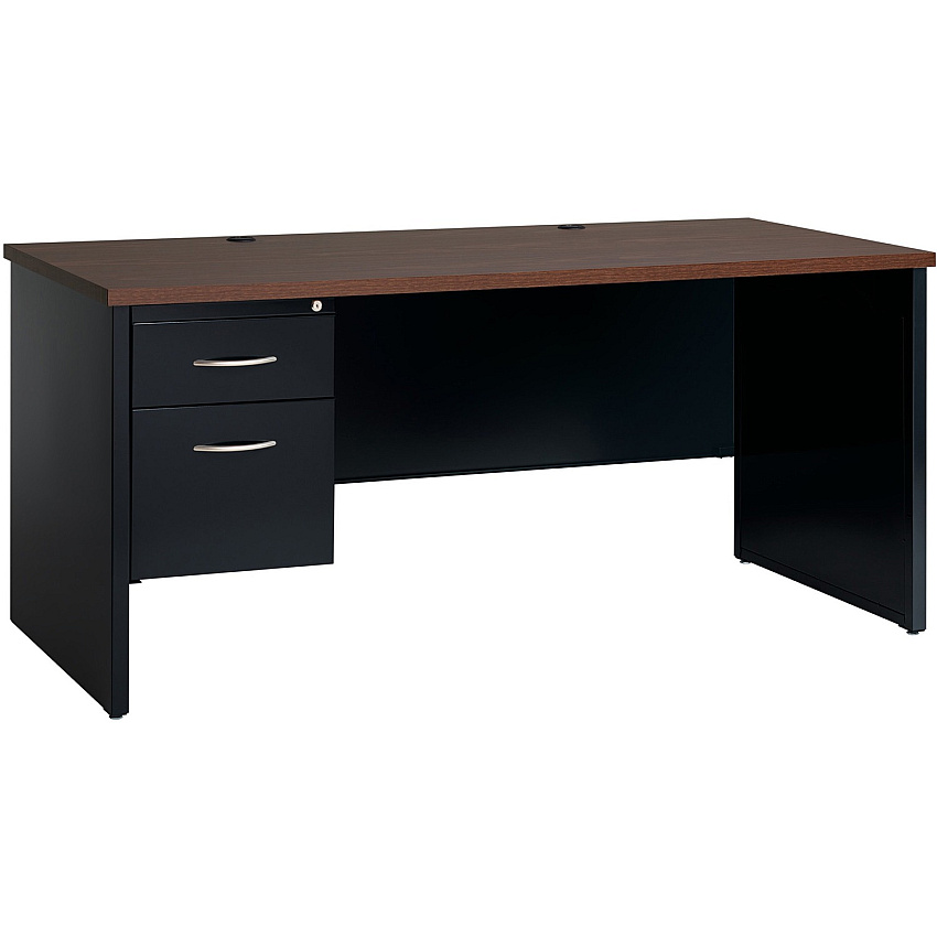 Lorell Walnut Laminate Commercial Steel Desk Series Pedestal Desk - 2-Drawer 66" x 30" , 1.1" Top - 2 x Box Drawer(s), File Drawer(s) - Single Pedestal on Left Side - Material: Steel - Finish: Walnut Laminate, Black (LLR79151)