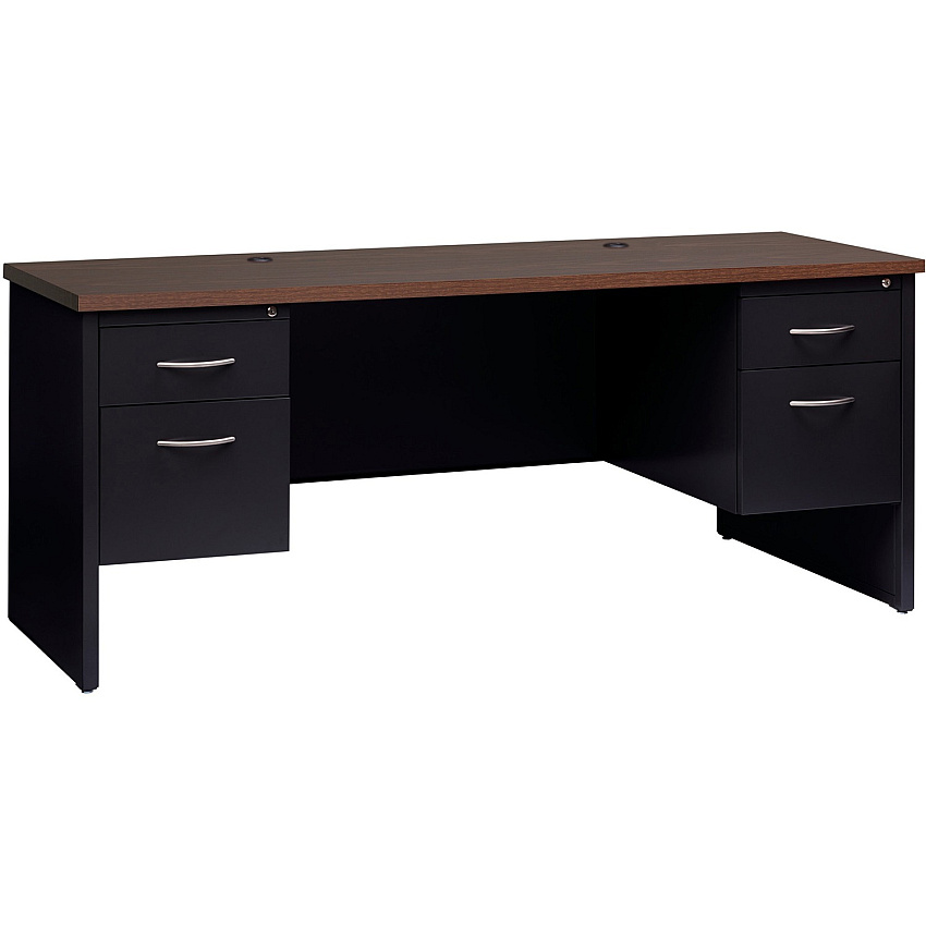 Lorell Walnut Laminate Commercial Steel Double-pedestal Credenza - 2-Drawer 72" x 24" , 1.1" Top - 2 x Box, File Drawer(s) - Double Pedestal - Material: Steel - Finish: Walnut Laminate, Black (LLR79157)