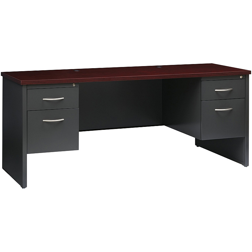 Lorell Fortress Modular Series Double-pedestal Credenza 72" Width x 24" Depth, x 1.1" Thickness Top - 2 x Box, File Drawer(s) - Double Pedestal - Material: Steel - Finish: Mahogany Laminate, Charcoal - Scratch Resistant, Stain Resistant, Ball-b (LLR79158)