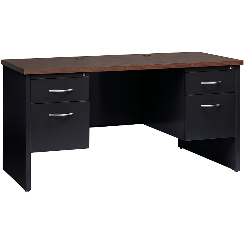 Lorell Walnut Laminate Commercial Steel Double-pedestal Credenza - 2-Drawer 60" x 24" , 1.1" Top - 2 x Box Drawer(s), File Drawer(s) - Double Pedestal - Material: Steel - Finish: Walnut Laminate, Black (LLR79159)