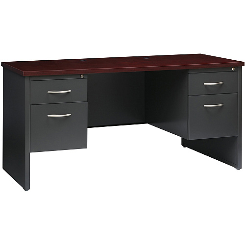Lorell Fortress Modular Series Double-pedestal Credenza 60" Width x 24" Depth, x 1.1" Thickness Top - 2 x Box, File Drawer(s) - Double Pedestal - Material: Steel - Finish: Mahogany Laminate, Charcoal - Scratch Resistant, Stain Resistant, Ball-b (LLR79160)