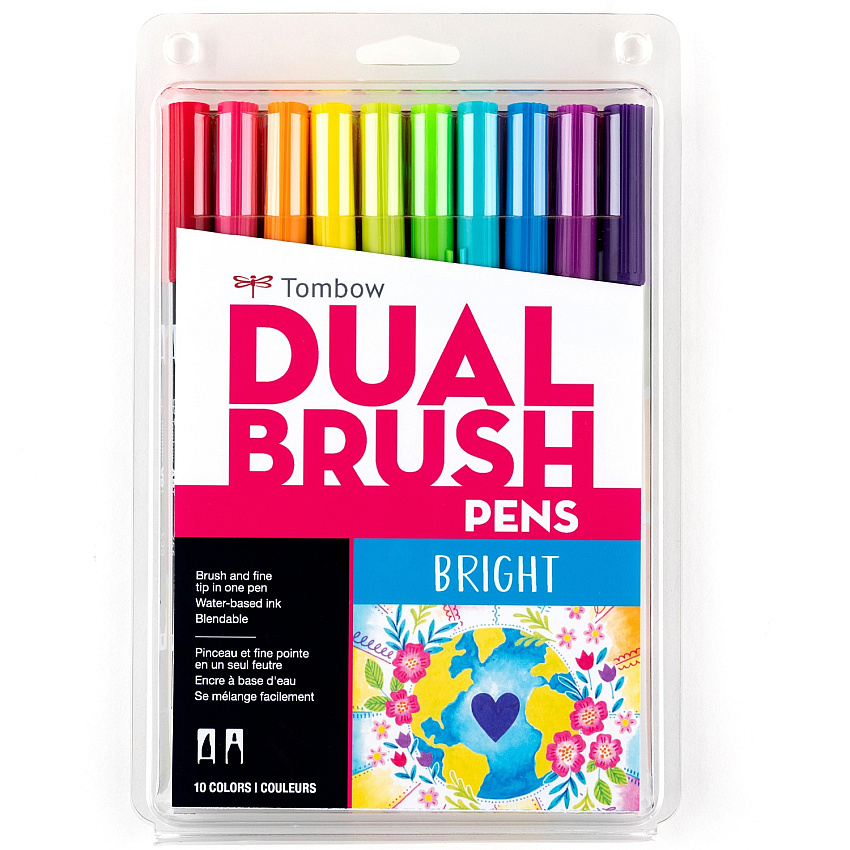 Tombow Dual Brush Pen Set Hot Pink, Orange, Chartreuse, Willow Green, Purple, Rubine Red, Process Yellow, Reflex Blue, Imperial Purple Ink - Water Based - Nylon Tip - 10 / Pack (56185)