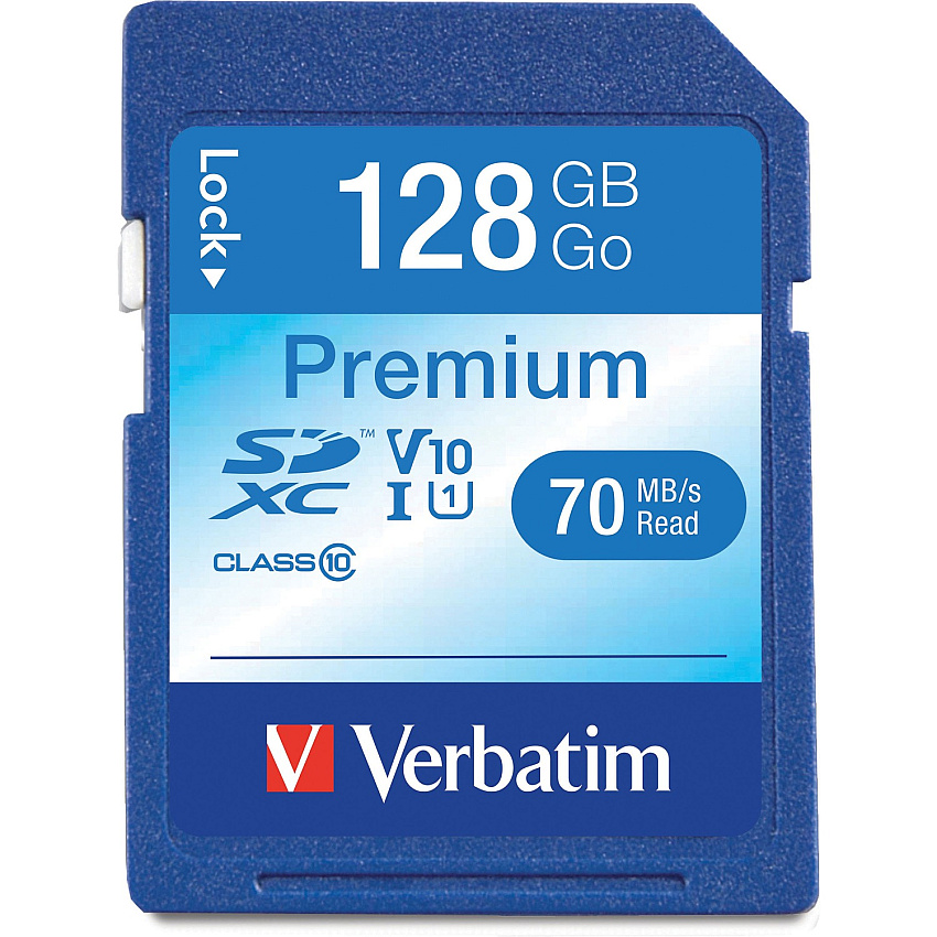 Verbatim 128GB Premium SDXC Memory Card, UHS-I Class 10 70 MB/s Read - 300x Memory Speed - Lifetime Warranty (44025)