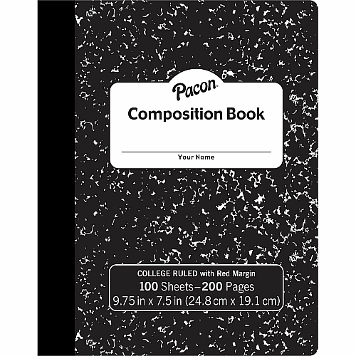 Pacon Composition Book 100 Sheets - 200 Pages - College Ruled Front Ruling - 0.28" Ruled - 9.75" Height x 7.5" Width x 0.1" Length - White Paper - Black Marble Cover - Durable, Hard Cover - 1 Each (MMK37106)
