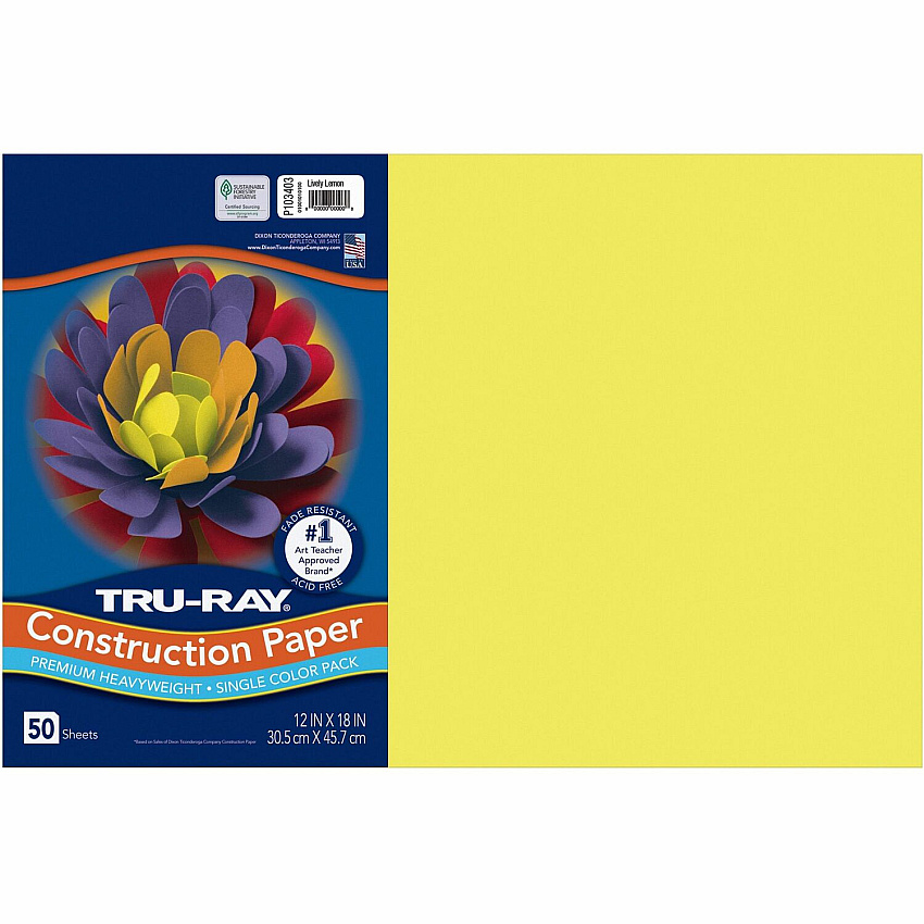 Tru-Ray Construction Paper Art Project - 18" Width x 12" Length - Lively Lemon - Sulphite - 50 / Pack (103403)
