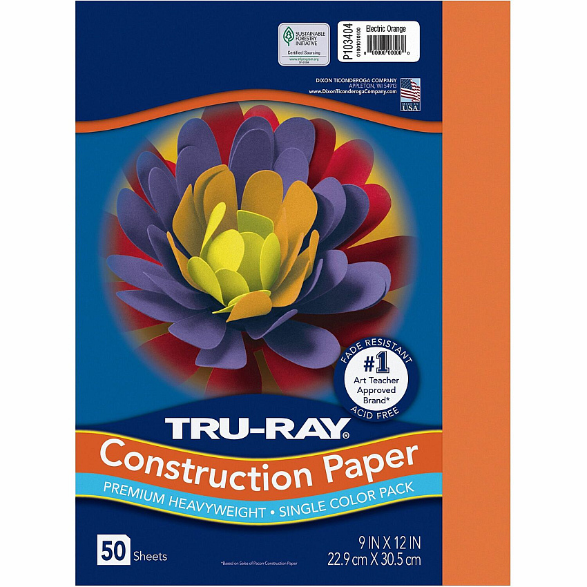 Tru-Ray Construction Paper Art Project - 12" Width x 9" Length - Electric Orange - Sulphite - 50 / Pack (103404)