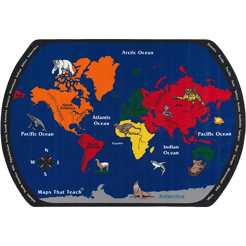Flagship Carpets Maps That Teach Global Rug 108" Length x 72" Width - Multicolor - Nylon - 1 Each (FE12234A)
