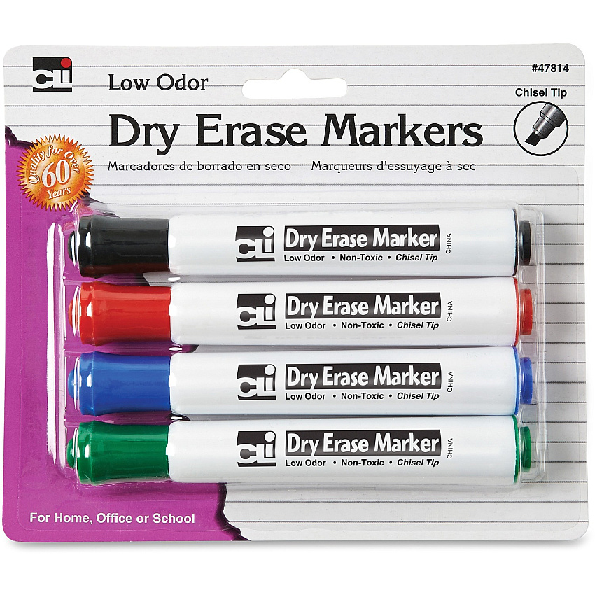 CLI Chisel Tip Dry Erase Markers Chisel Marker Point - Black, Blue, Red, Green Ink - 4 / Pack (47814)