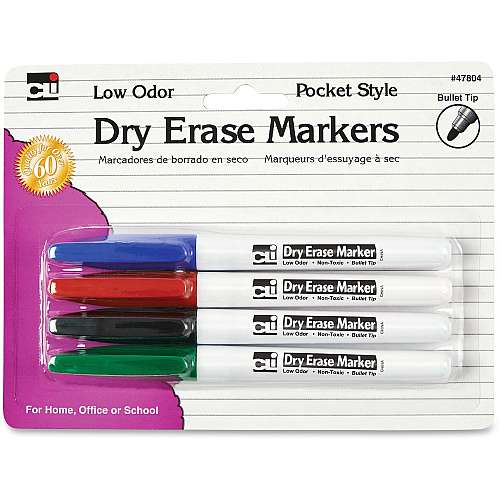 CLI Low Odor Dry Erase Markers Fine Bullet Marker Point - Black, Blue, Red, Green Ink - 4 / Pack (47804)