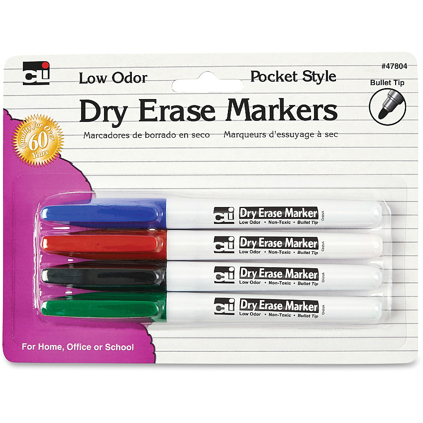 CLI Low Odor Dry Erase Markers Fine Bullet Marker Point - Black, Blue, Red, Green Ink - 4 / Pack (47804)