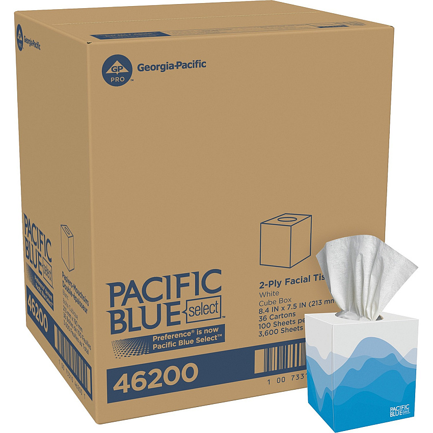 Pacific Blue Select Facial Tissue by GP Pro - Cube Box 2 Ply - 7.65" Width x 8.85" Length - White - 100/Box - 36 / Carton (46200CT)